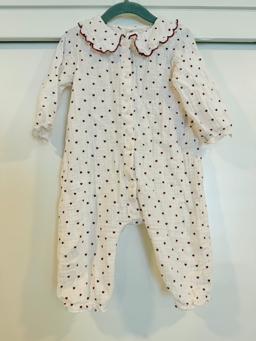 H&M White One-Piece with Burgundy Heart Print and Scalloped Collar Trim